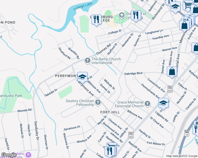 map of restaurants, bars, coffee shops, grocery stores, and more near 4117 Crescent Road in Lynchburg
