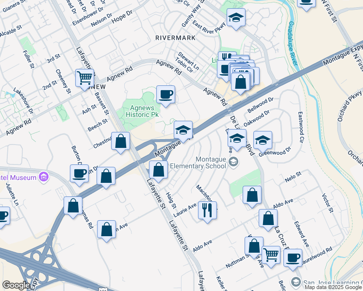 map of restaurants, bars, coffee shops, grocery stores, and more near 941 Clyde Avenue in Santa Clara