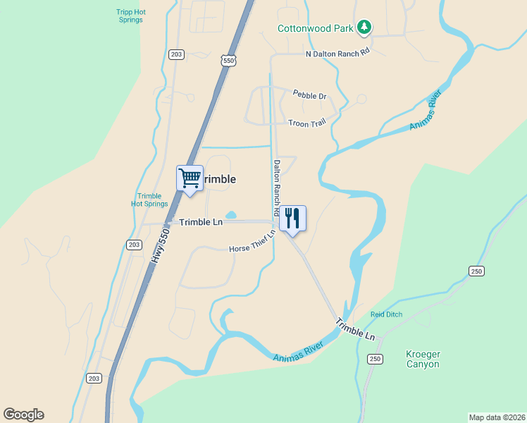 map of restaurants, bars, coffee shops, grocery stores, and more near Dalton Ranch Road in Durango