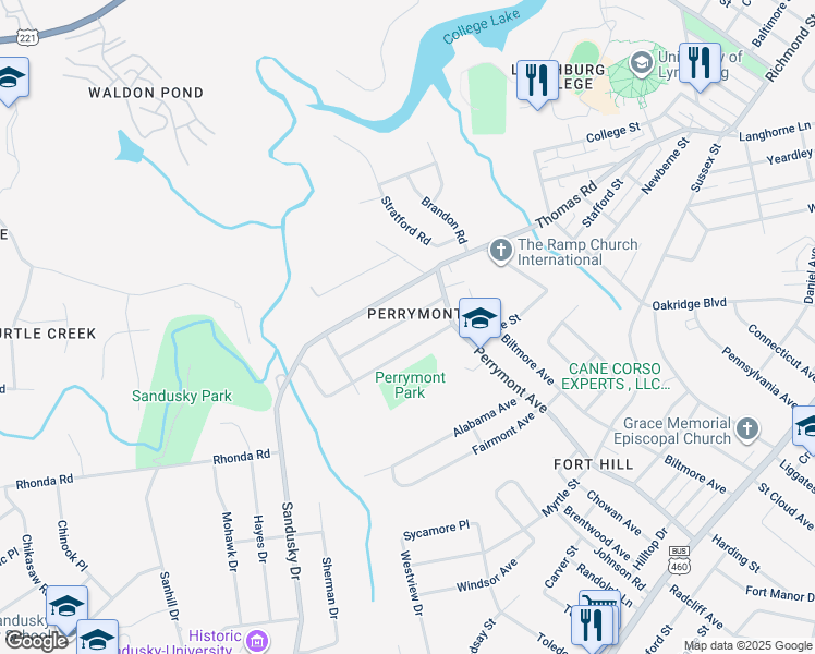 map of restaurants, bars, coffee shops, grocery stores, and more near 4528 Golf Park Drive in Lynchburg