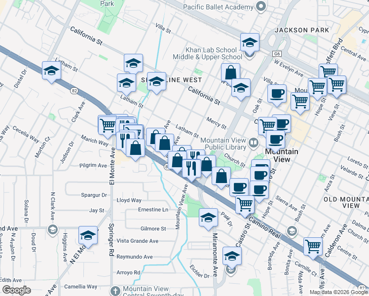 map of restaurants, bars, coffee shops, grocery stores, and more near 670 Palo Alto Avenue in Mountain View