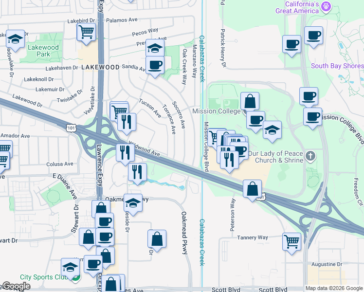 map of restaurants, bars, coffee shops, grocery stores, and more near 1374 Socorro Avenue in Sunnyvale