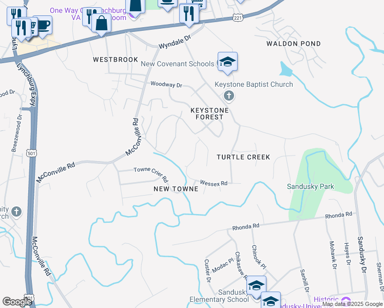 map of restaurants, bars, coffee shops, grocery stores, and more near 409 Wessex Road in Lynchburg
