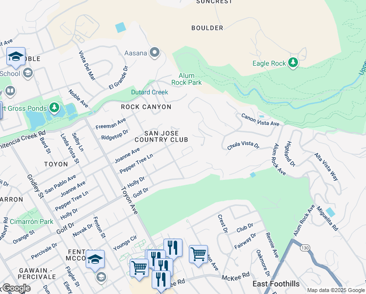 map of restaurants, bars, coffee shops, grocery stores, and more near 4155 Holly Drive in San Jose