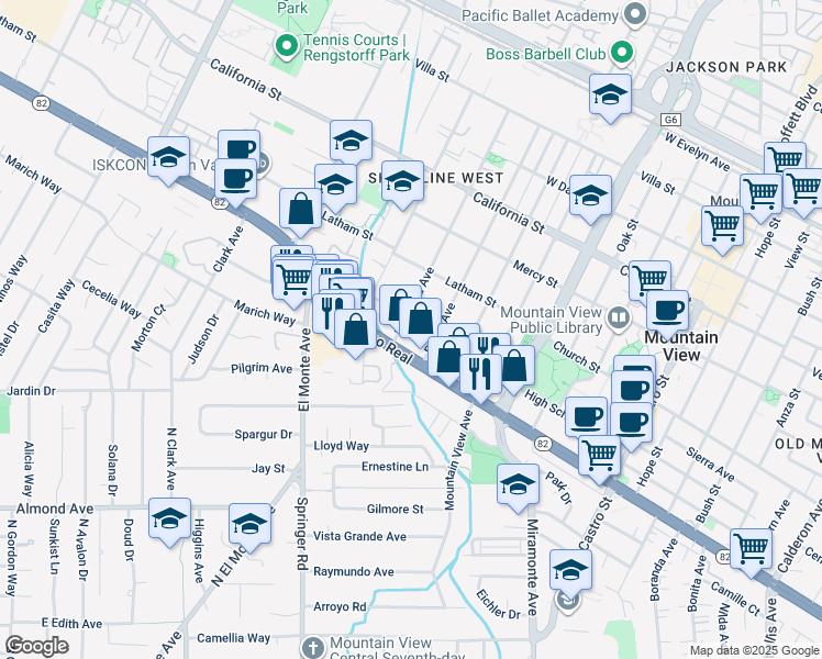 map of restaurants, bars, coffee shops, grocery stores, and more near 725 Mariposa Avenue in Mountain View
