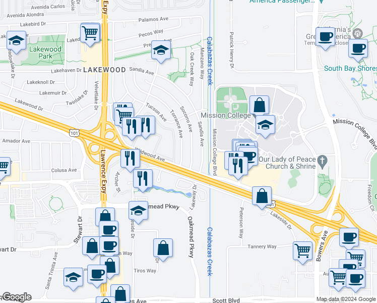 map of restaurants, bars, coffee shops, grocery stores, and more near 1374 Socorro Avenue in Sunnyvale