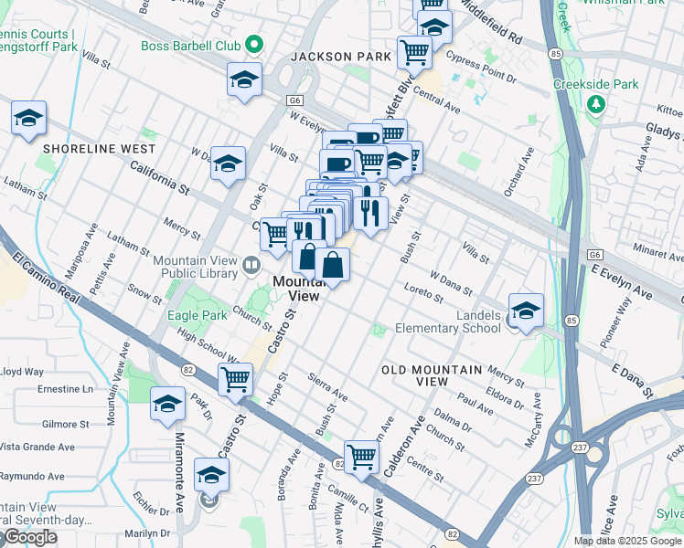map of restaurants, bars, coffee shops, grocery stores, and more near 423 Hope Street in Mountain View