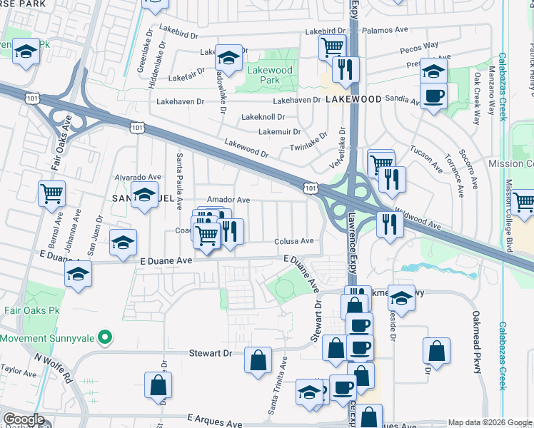 map of restaurants, bars, coffee shops, grocery stores, and more near 734 Santa Rosa Street in Sunnyvale