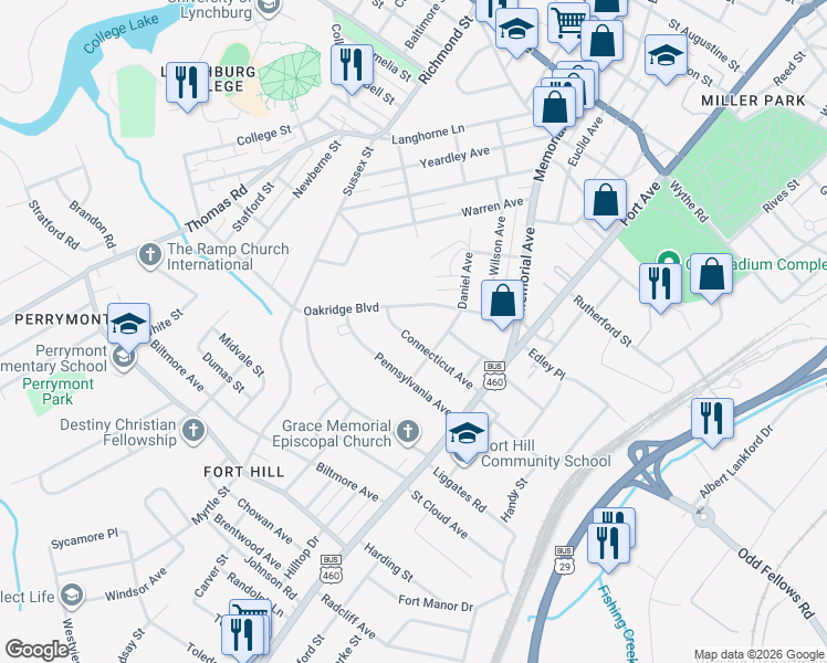 map of restaurants, bars, coffee shops, grocery stores, and more near 204 Connecticut Avenue in Lynchburg