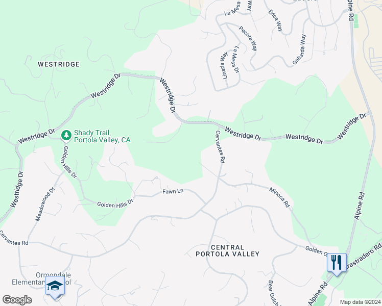 map of restaurants, bars, coffee shops, grocery stores, and more near 578 Cresta Vista Lane in Portola Valley
