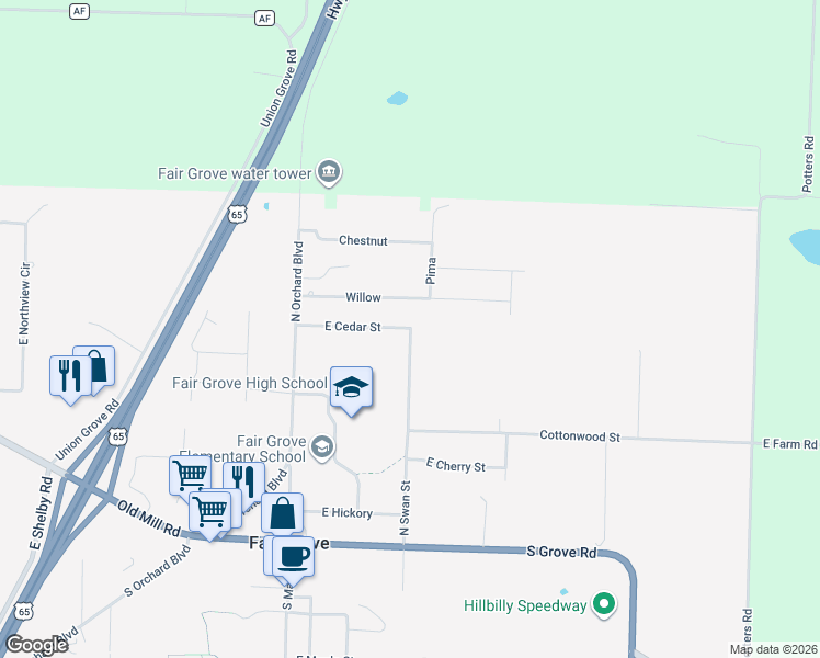map of restaurants, bars, coffee shops, grocery stores, and more near 198 E Cedar St in Fair Grove