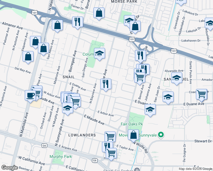 map of restaurants, bars, coffee shops, grocery stores, and more near Waddington Avenue in Sunnyvale