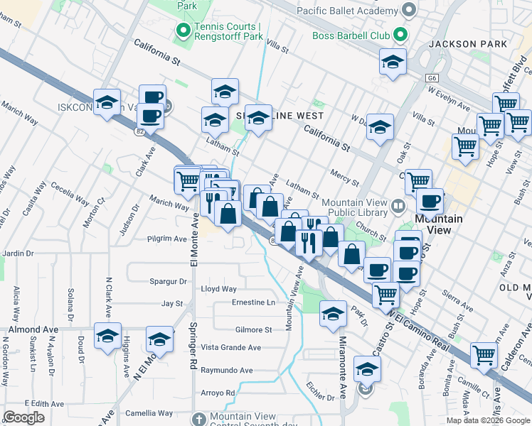 map of restaurants, bars, coffee shops, grocery stores, and more near 725 Mariposa Avenue in Mountain View