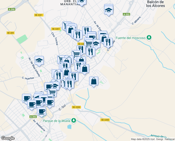 map of restaurants, bars, coffee shops, grocery stores, and more near 235 Calle Rosario in El Viso del Alcor