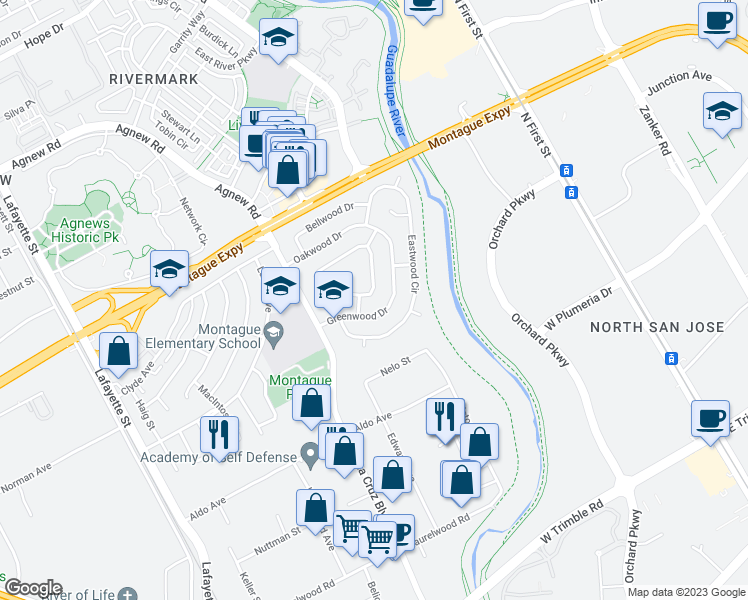 map of restaurants, bars, coffee shops, grocery stores, and more near 3697 Edgefield Drive in Santa Clara