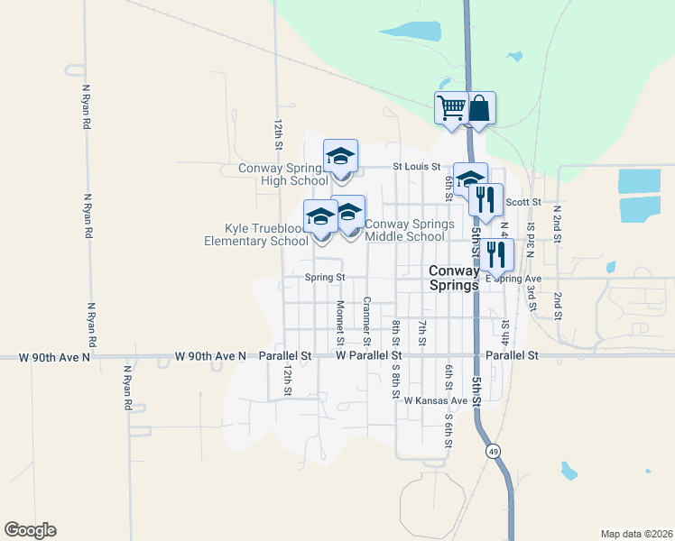 map of restaurants, bars, coffee shops, grocery stores, and more near 656-698 Spring Street in Conway Springs