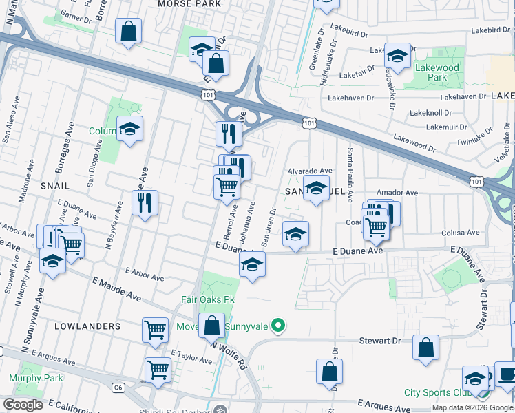 map of restaurants, bars, coffee shops, grocery stores, and more near 676 Johanna Avenue in Sunnyvale