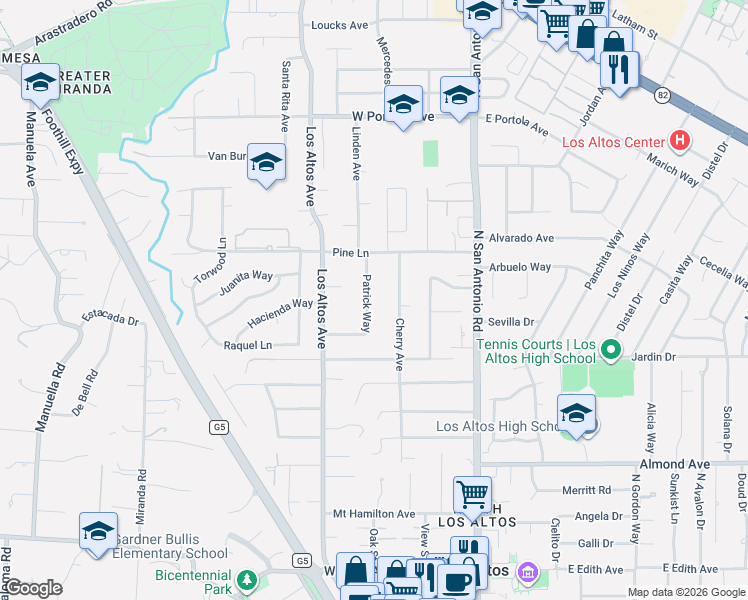 map of restaurants, bars, coffee shops, grocery stores, and more near 531 Patrick Way in Los Altos