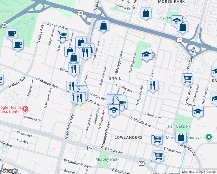 map of restaurants, bars, coffee shops, grocery stores, and more near 592 Borregas Avenue in Sunnyvale
