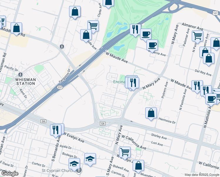 map of restaurants, bars, coffee shops, grocery stores, and more near Ano Nuevo Avenue in Sunnyvale