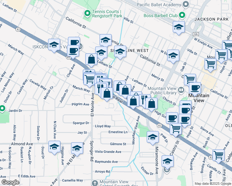 map of restaurants, bars, coffee shops, grocery stores, and more near 1616 California 82 in Mountain View