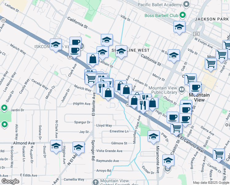 map of restaurants, bars, coffee shops, grocery stores, and more near 1616 California 82 in Mountain View