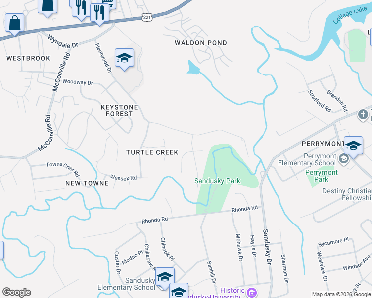 map of restaurants, bars, coffee shops, grocery stores, and more near 509 Fleetwood Drive in Lynchburg