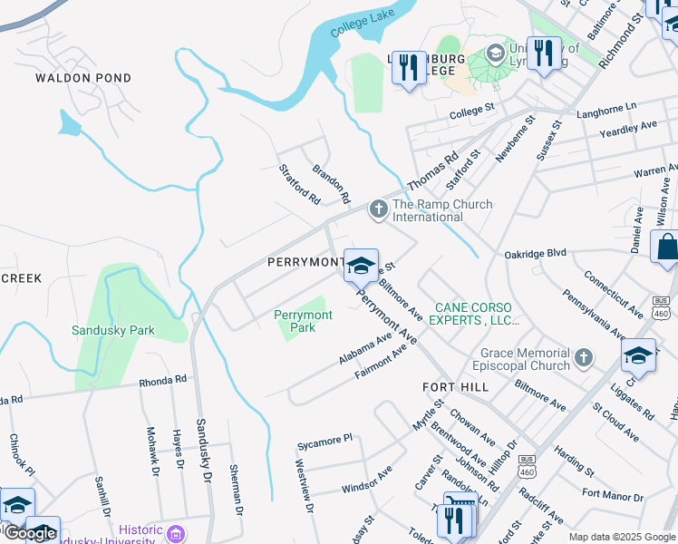 map of restaurants, bars, coffee shops, grocery stores, and more near 305 Perrymont Avenue in Lynchburg