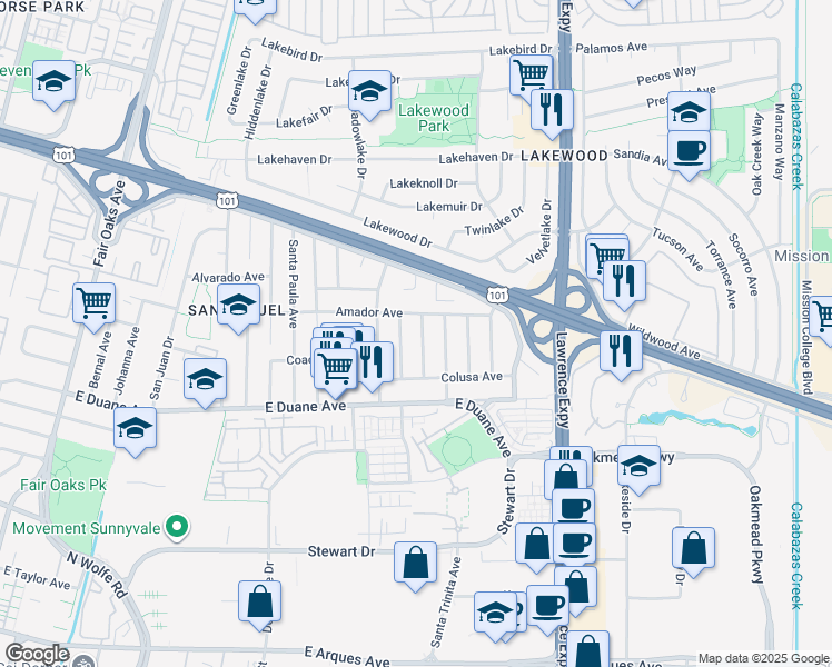 map of restaurants, bars, coffee shops, grocery stores, and more near 733 Santa Rosa Street in Sunnyvale
