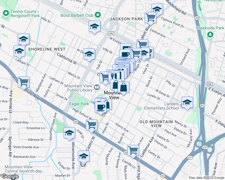 map of restaurants, bars, coffee shops, grocery stores, and more near 460 Bryant Street in Mountain View