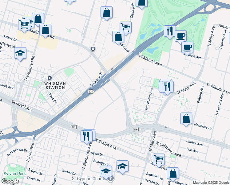 map of restaurants, bars, coffee shops, grocery stores, and more near 777 East Middlefield Road in Mountain View