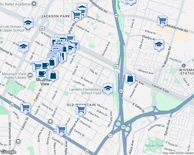 map of restaurants, bars, coffee shops, grocery stores, and more near 210 Calderon Avenue in Mountain View