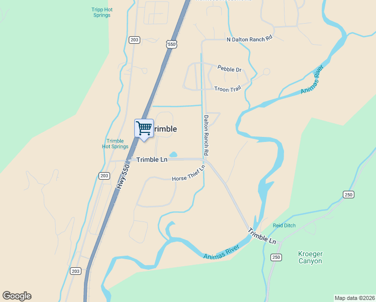 map of restaurants, bars, coffee shops, grocery stores, and more near 373 Co Road 252 in Durango