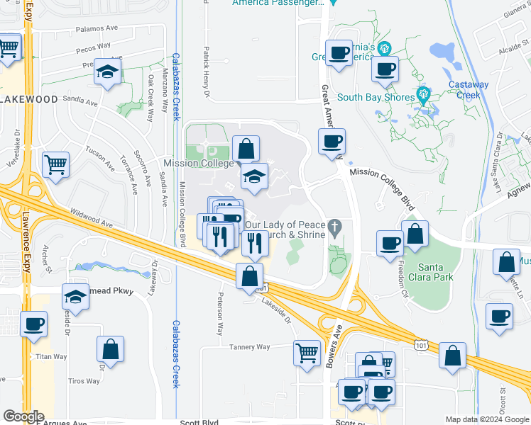 map of restaurants, bars, coffee shops, grocery stores, and more near 3000 Mission College Boulevard in Santa Clara