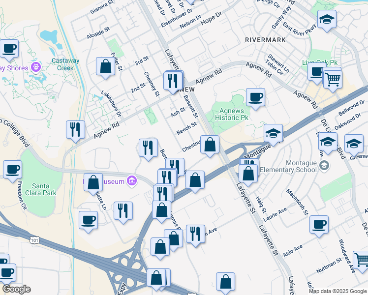 map of restaurants, bars, coffee shops, grocery stores, and more near 4003 Cheeney Street in Santa Clara