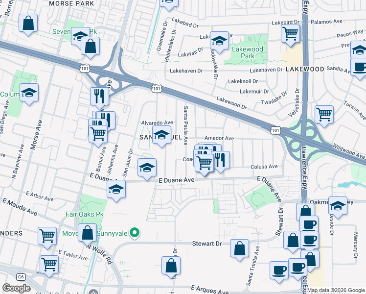 map of restaurants, bars, coffee shops, grocery stores, and more near 731 Santa Paula Avenue in Sunnyvale