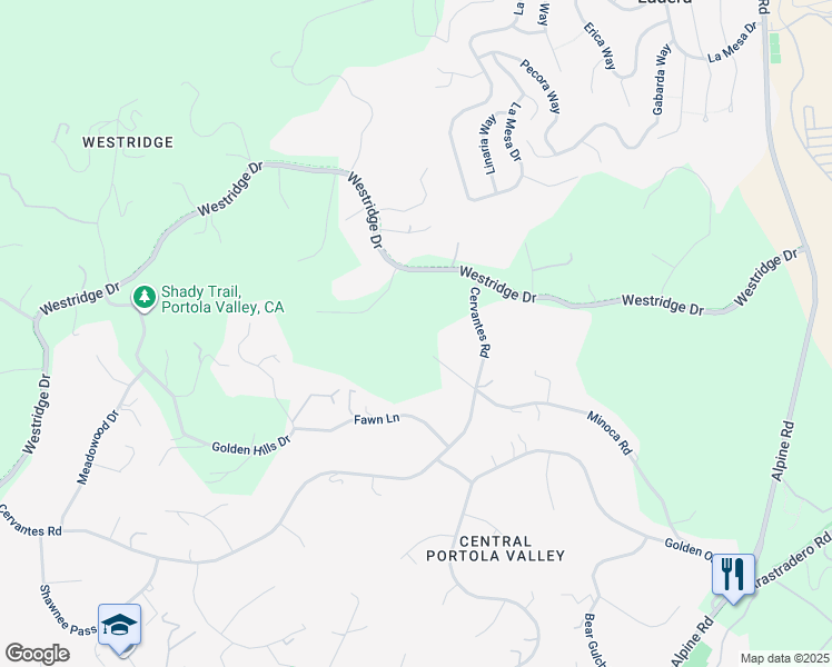 map of restaurants, bars, coffee shops, grocery stores, and more near 578 Cresta Vista Lane in Portola Valley