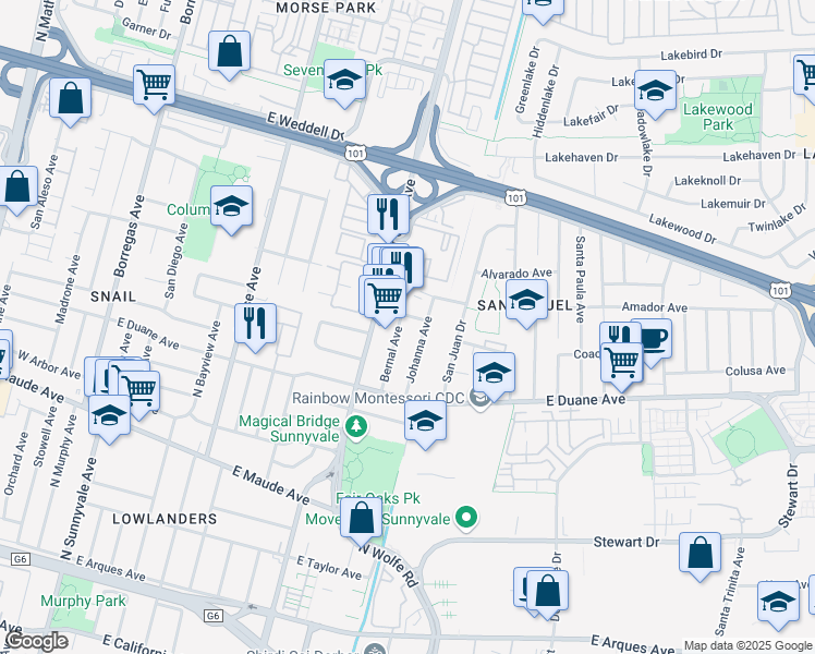 map of restaurants, bars, coffee shops, grocery stores, and more near 638 Caliente Drive in Sunnyvale