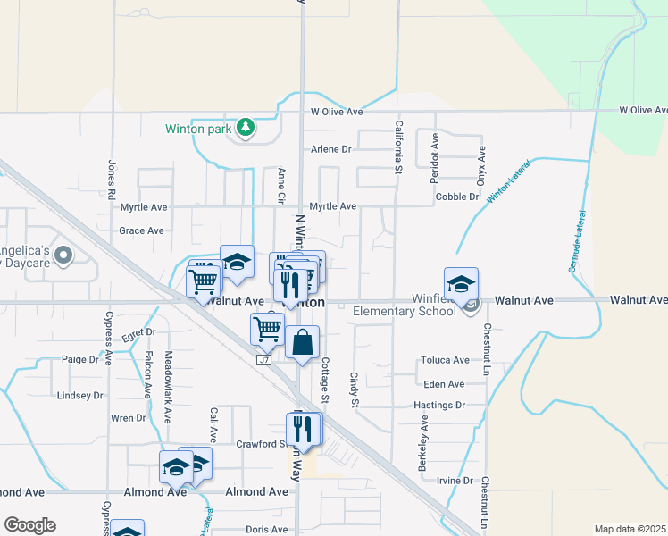 map of restaurants, bars, coffee shops, grocery stores, and more near 6906 Hall Boulevard in Winton