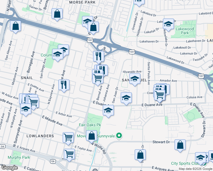 map of restaurants, bars, coffee shops, grocery stores, and more near 638 Caliente Drive in Sunnyvale