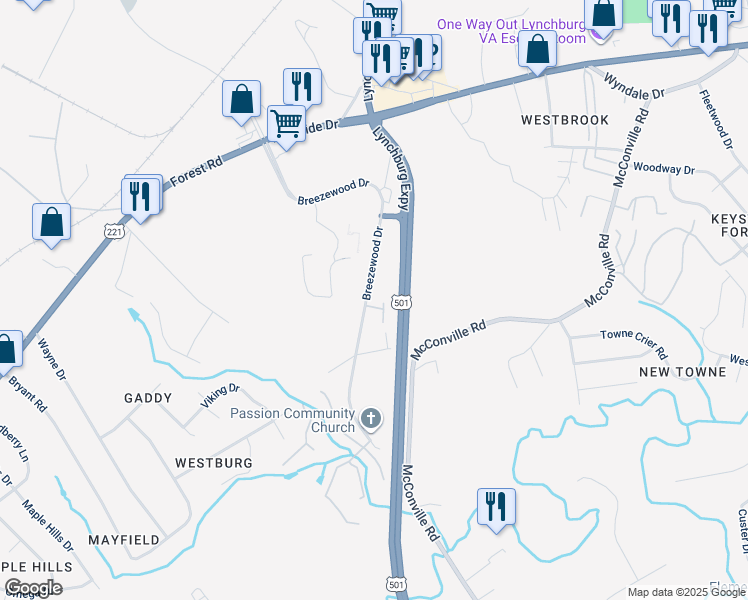 map of restaurants, bars, coffee shops, grocery stores, and more near 310 Breezewood Drive in Lynchburg