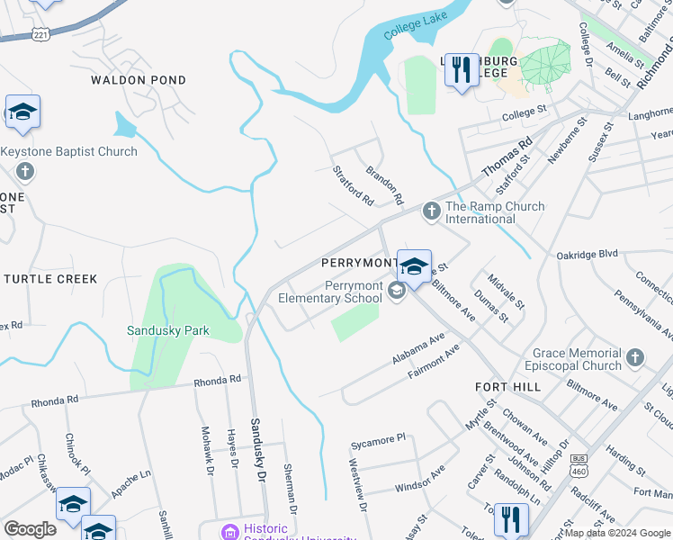 map of restaurants, bars, coffee shops, grocery stores, and more near 4541 Golf Park Drive in Lynchburg