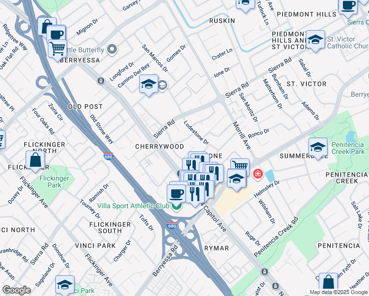 map of restaurants, bars, coffee shops, grocery stores, and more near 2487 Amaryl Drive in San Jose