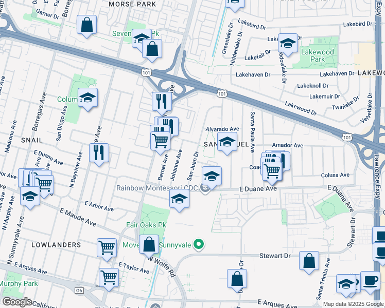 map of restaurants, bars, coffee shops, grocery stores, and more near 701 San Juan Drive in Sunnyvale