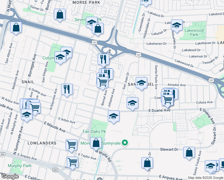 map of restaurants, bars, coffee shops, grocery stores, and more near 675 Johanna Avenue in Sunnyvale