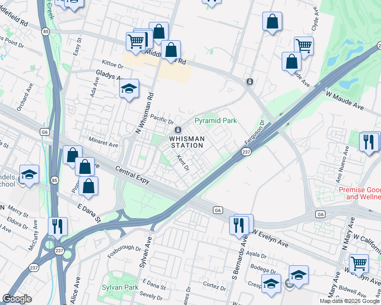 map of restaurants, bars, coffee shops, grocery stores, and more near 196 Greyhawk Court in Mountain View