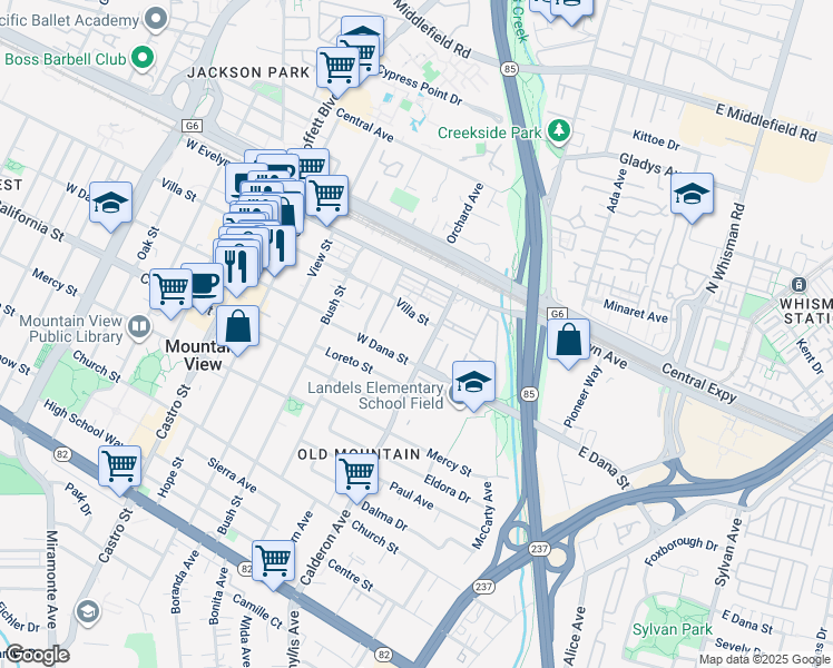 map of restaurants, bars, coffee shops, grocery stores, and more near 210 Calderon Avenue in Mountain View