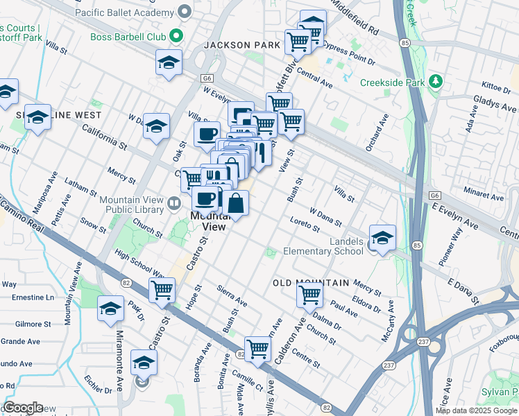 map of restaurants, bars, coffee shops, grocery stores, and more near 423 Hope Street in Mountain View