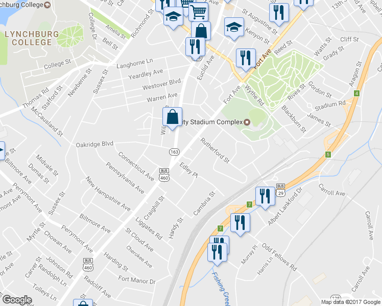 map of restaurants, bars, coffee shops, grocery stores, and more near 3634 Fort Avenue in Lynchburg