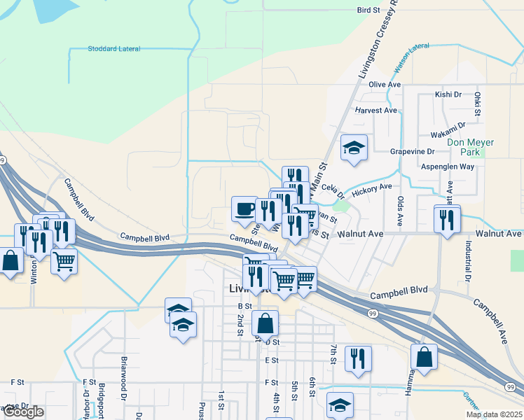 map of restaurants, bars, coffee shops, grocery stores, and more near Yagi Street in Livingston
